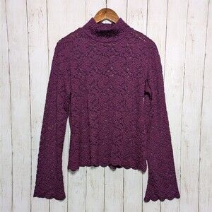 Purple Lace Mock Neck Bell Sleeve Sheer Top XL Whimsigoth Fairy Grunge Coquette